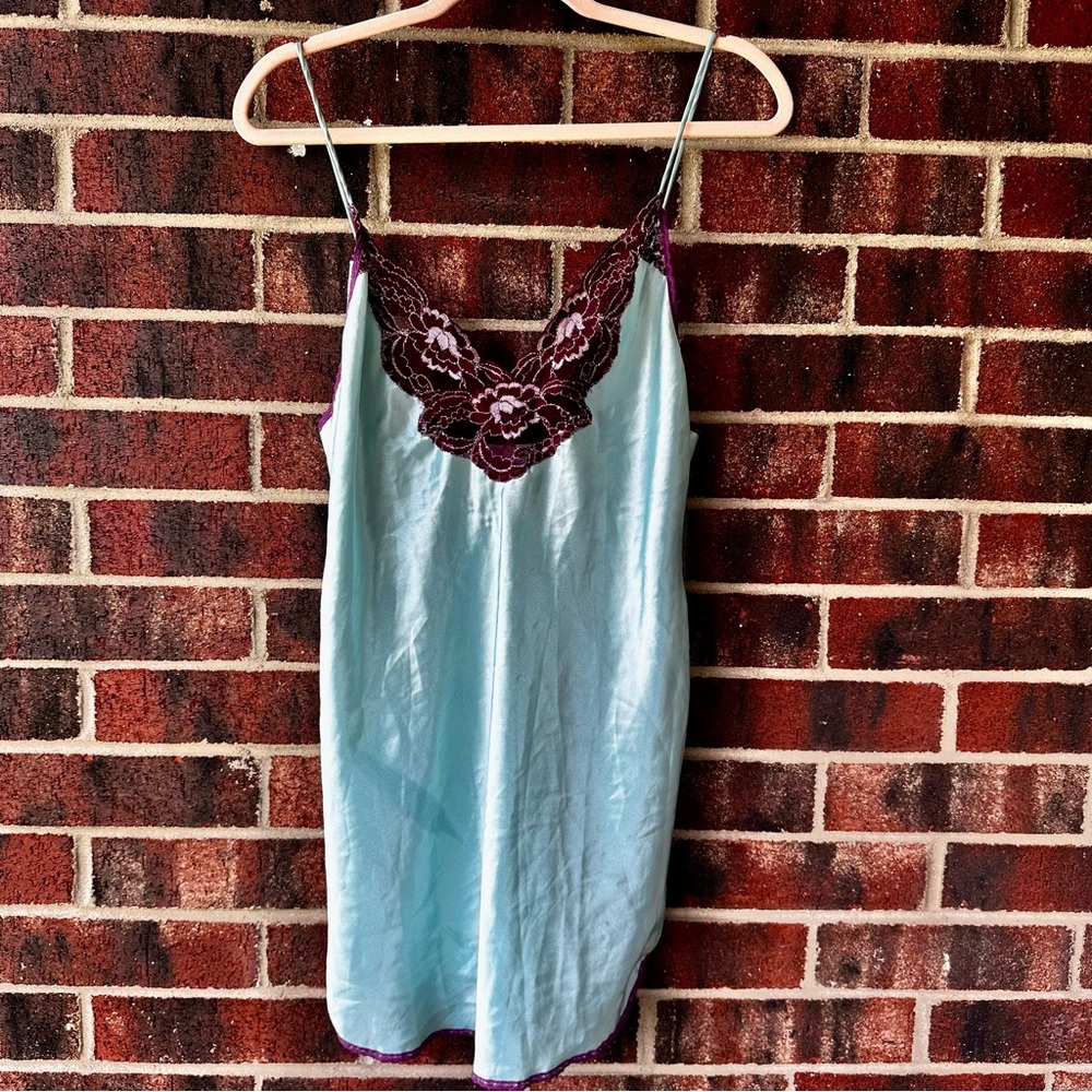 Sm Vintage Val Mode Satin Slip Dress Nighty USA Made Mint Blue Lingerie Coquette
